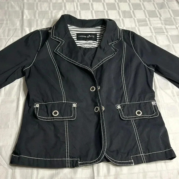 COTTON GINNY Y2K cropped cotton black blazer,fitted , round snaps ,white trim - Picture 9 of 15